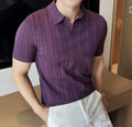Striped Knitted T-Shirt Comfortable Casual Wear in purple with a collar, perfect for everyday casual wear. Striped Knitted T-Shirt Comfortable Casual Wear in purple with a collar, perfect for everyday casual wear.