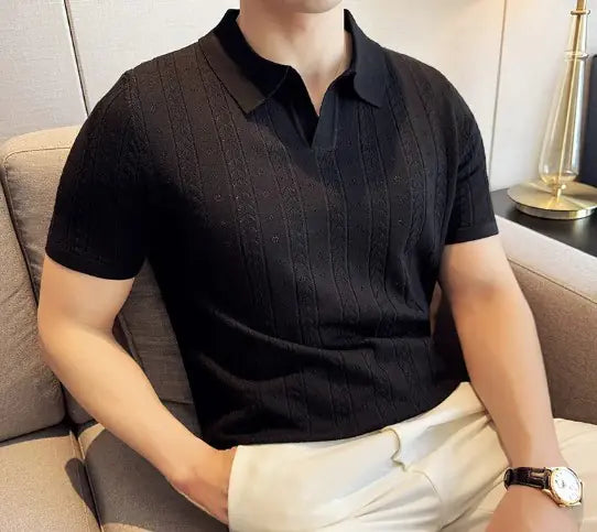 Striped Knitted T-Shirt Comfortable Casual Wear in black color, showcasing a modern polo style on a seated model.