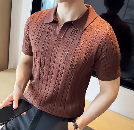 Striped Knitted T-Shirt Comfortable Casual Wear in brown with a collar, perfect for everyday casual wear.