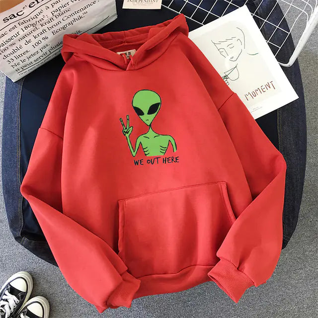 Oversized hoodie for women with Alien WE OUT HERE print in red color